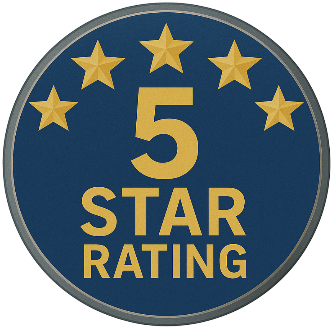 Five-star rating emblem with gold stars and text on a blue background