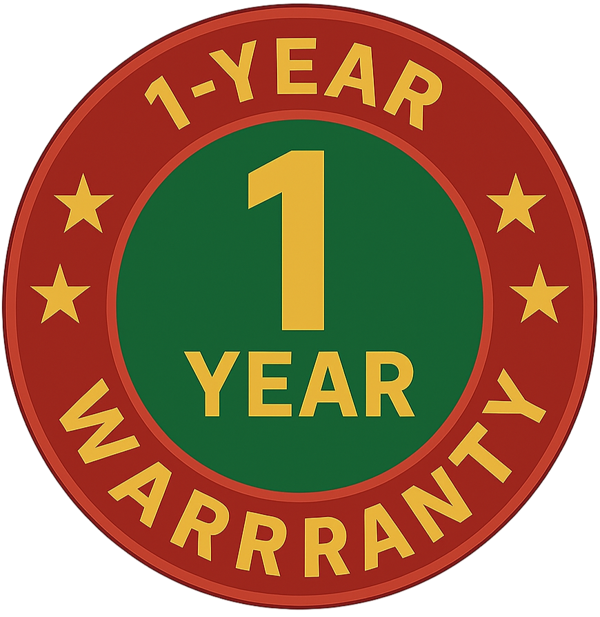 Circular logo with '1-Year Warranty' text and stars on a white background