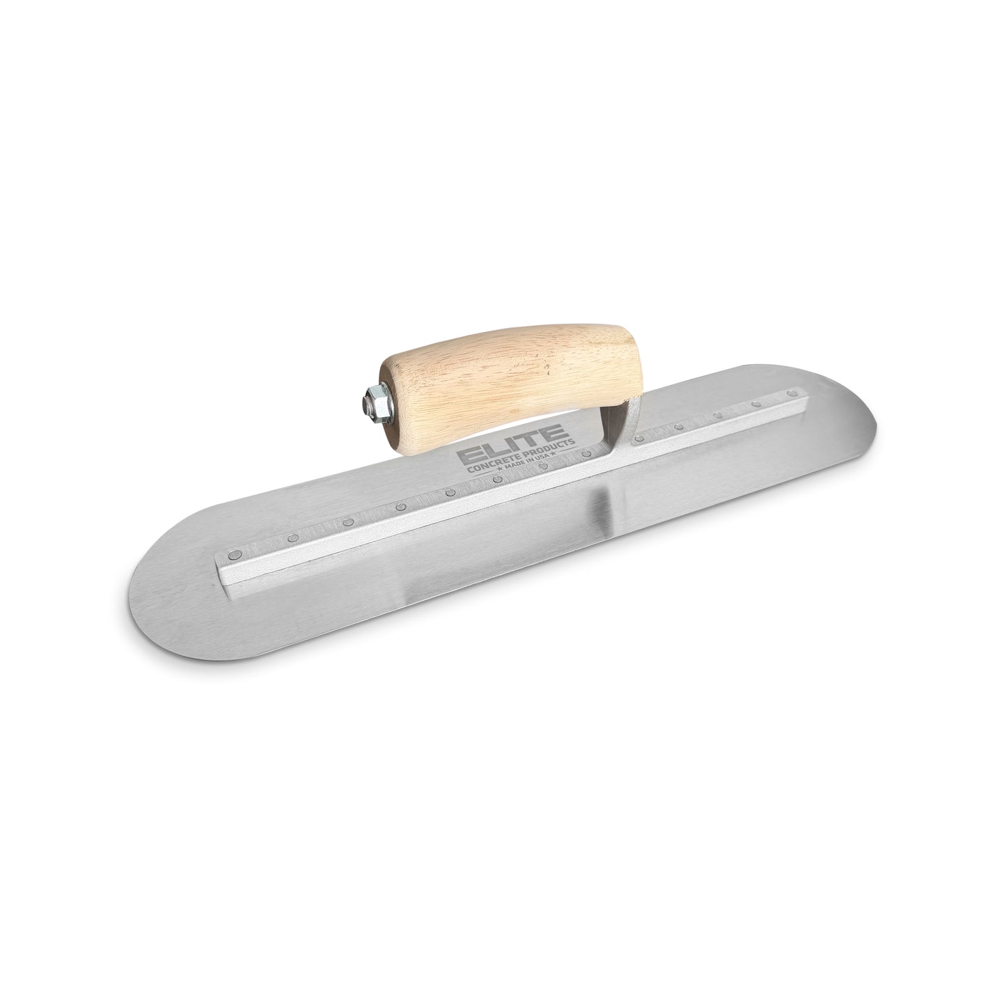 Steel trowel with wooden handle on white background